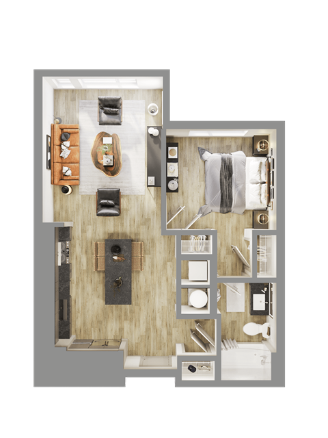 a 3d rendering of a floor plan of a hotel room at Bemiston Place Apartments, Clayton Missouri